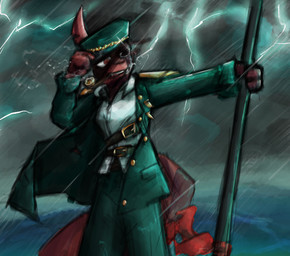 anthro belt clothed clothing electricity eye_scar facial_scar female hat headgear headwear lightning military_uniform navy navy_uniform open_mouth peaked_cap red_body scar shadowed_eyes smile smoke smoking smoking_pipe solo tail uniform alexleviafan limbus_company project_moon rain_world videocult artificer_(rain_world) felid mammal slugcat digital_media_(artwork)
