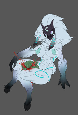 abs anthro areola big_breasts black_body black_fur blue_areola blue_markings blue_nipples breasts dipstick_ears ear_markings female floppy_ears food front_view fruit fur gloves_(marking) grey_background grey_body grey_fur hooves leg_markings looking_at_viewer lop_ears markings mask melon multicolored_ears navel neck_tuft nipples nude plant simple_background sitting socks_(marking) solo thick_thighs tuft watermelon watermelon_crushing wide_hips simpleesteban league_of_legends riot_games tencent kindred_(lol) lamb_(lol) bovid caprine mammal sheep hi_res
