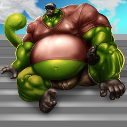anthro belly big_belly bulge fur green_body green_fur licking licking_lips male musclegut muscular muscular_male obese overweight overweight_male solo tongue tongue_out vhyena haplorhine mammal monkey primate 1:1 hi_res