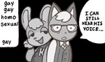 2024 animal_crossing anthro black_background clothing domestic_cat duo english_text eyewear felid feline felis glasses greyscale hair half-closed_eyes humor i_can_still_hear_his_voice jacket lagomorph leporid male mammal meme monochrome narrowed_eyes necktie nintendo oofmasterxd open_mouth rabbit raymond_(animal_crossing) redraw sasha_(animal_crossing) simple_background smug stated_homosexuality stated_sexuality surprised_expression text topwear