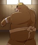 anthro asian_clothing blush brown_body butt clothing detailed_background east_asian_clothing japanese_clothing kemono male mawashi overweight overweight_male solo sumo sumo_wrestler hon55728 lifewonders tokyo_afterschool_summoners ashigara_(tas) bear mammal 2024 hi_res