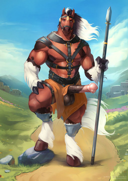 abs animal_genitalia animal_penis anthro balls biceps biped black_balls black_sheath bodily_fluids bottomwear brown_body brown_fur chest_strap clothing equine_balls equine_genitalia equine_penis equine_tail erection fur genital_fluids genitals hair harness hooves leaking_precum male male_anthro markings melee_weapon muscular muscular_anthro muscular_male nipples orange_bottomwear orange_clothing orange_skirt pecs penis polearm precum precum_string sheath shirtless_anthro shirtless_male skirt solo spear spots spotted_body straps tail text vein veiny_arms veiny_muscles weapon white_hair satanic_monkey darius_lucullus_(theunscforces) equid equine horse mammal 2024 absurd_res artist_name colored hi_res url