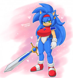 anthro bedroom_eyes big_breasts blue_body blue_fur blue_hair breasts clothing female fur green_eyes grin hair half-closed_eyes holding_melee_weapon holding_object holding_sword holding_weapon leotard long_hair melee_weapon narrowed_eyes seductive shoulder_pads smile solo standing sword tail thick_thighs weapon wide_hips byghosteduard sega sonic_the_hedgehog_(series) fan_character selena_the_popful_hedgehog eulipotyphlan hedgehog mammal full-length_portrait hi_res portrait