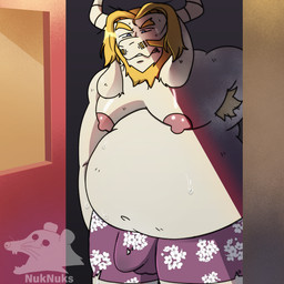 angry belly big_belly big_moobs bodily_fluids clothing hair male messy_fur messy_hair moobs musk musky_armpit nipples slightly_chubby solo sweat sweatdrop torn_clothing underwear nuknuks deltarune undertale_(series) asgore_dreemurr hi_res