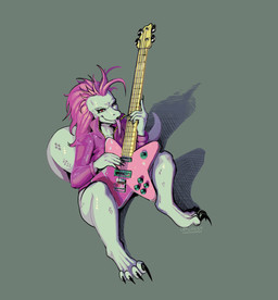 alternative_fashion anthro bass_guitar black_claws bottomless claws clothed clothing eyelashes female flat_chested grey_background guitar hair jacket leather leather_clothing leather_jacket leather_topwear looking_at_viewer musical_instrument pink_clothing pink_hair pink_jacket pink_topwear plucked_string_instrument punk red_eyes scales shadow simple_background sitting smile solo string_instrument tongue tongue_out topwear undercut white_body latchk3y rhizza_(la_ninya) reptile scalie hi_res