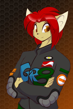anthro crossed_arms fur gradient_background hair looking_at_viewer male orange_eyes pattern_background racing_suit red_hair simple_background solo yellow_body yellow_fur mastergodai nascar rascals quick_bourne mammal rodent sciurid tree_squirrel 2016