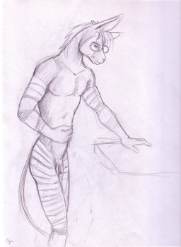 4_fingers anthro eyewear fingers flaccid genitals glasses hair hand_on_belly horn humanoid_genitalia humanoid_penis male nude ossicone penis pince-nez short_hair side_view simple_background solo standing stripes tail white_background ayame_emaya giraffid mammal okapi sketch