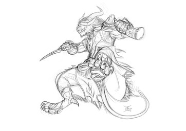 armor blindfold claws dagger fangs horn jumping male melee_weapon multi_ear paws solo teeth weapon wairu guild_wars charr felid mammal 2013 monochrome sketch