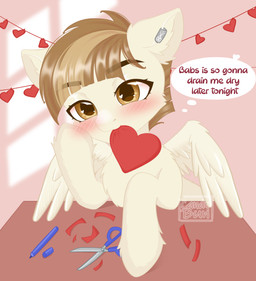 aged_up blush ear_piercing ear_ring embarrassed explicit_text feral hair holidays humor jewelry looking_at_viewer male piercing ring_piercing smile solo text wings candybun friendship_is_magic hasbro my_little_pony mythology valentine's_day featherweight_(mlp) equid equine mammal mythological_creature mythological_equine pegasus absurd_res english_text hi_res meme