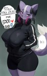 anthro big_breasts biped bottomwear breasts clothed clothing dialogue electronics female fur headphones pupils purple_body speech_bubble standing tail text topwear smewed aggretsuko sanrio shikabane_(aggretsuko) mammal mephitid skunk 2023 absurd_res english_text hi_res