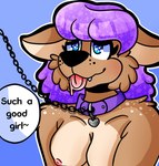 anthro big_breasts big_ears blue_eyes breasts chain chain_leash collar female fluffy good_girl hair leash nipples offscreen_character outline praise_kink purple_hair simple_background solo speech_bubble teeth text tongue tongue_out gooeykazoo esma_(gooeykazoo) canid canine cervine deer hybrid mammal bust_portrait digital_media_(artwork) english_text hi_res portrait