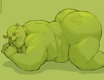 all_fours belly big_belly big_butt biped blush butt ear_stalk green_body male musclegut muscular overweight overweight_male simple_background smile solo tylerstark dreamworks shrek_(series) shrek_(character) humanoid ogre 2024 absurd_res hi_res