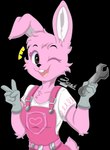 anthro black_eyes buckteeth clothing female fur gesture hair hand_gesture holding_object holding_tool holding_wrench one_eye_closed overalls pink_body pink_fur pink_hair shirt smile solo t-shirt teeth tools topwear v_sign wink wrench zer0rebel4 discord_(app) telegram wow!_wow!_wubbzy! widget lagomorph leporid mammal rabbit 2024 absurd_res alpha_channel half-length_portrait hi_res portrait