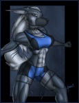 abs anthro athletic black_border blue_eyes border clothed clothing collar dancing ear_piercing female fur grey_body grey_fur hair industrial_piercing leaning muscular muscular_anthro muscular_female outside_border piercing ponytail simple_background solo textured_background krinkels cyera 2014