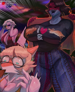 anthro big_breasts blonde_hair breasts brown_hair cleavage clothed clothing covering covering_ears dance_club dress ear_piercing ear_ring eyes_closed female feral grey_body grey_hair grey_scales group hair heart_symbol hoop_ear_ring horn inside mature_female nasal_horn open_mouth piercing pink_body pink_scales purple_body purple_scales red_body red_scales ring_piercing scales skimpy spit-take spitting surprised trio wide_eyed yelling deadassspider cavemanon_studios forbidden_pants goodbye_volcano_high ko_op_(game_developer) snoot_game mrs._roberts_(gvh) naomi_(gvh) rubi_(snoot_game) amargasaurus ceratosaurid ceratosaurus dicraeosaurid dinosaur diplodocoid hadrosaurid ornithischian ornithopod parasaurolophus prehistoric_species reptile saurischian sauropod sauropodomorph scalie theropod absurd_res hi_res