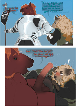 animal_genitalia animal_penis anthro armor balls blush bodily_fluids clothed clothing dialogue duo equine_genitalia equine_penis erection genitals hair knight larger_male male male/male muscular muscular_anthro muscular_male penis size_difference slightly_chubby slightly_chubby_male smaller_male text vein veiny_penis warrior securipun bailey_(securipun) tahoe_(stormwx_wolf) equid equine horse hyena mammal absurd_res comic english_text hi_res