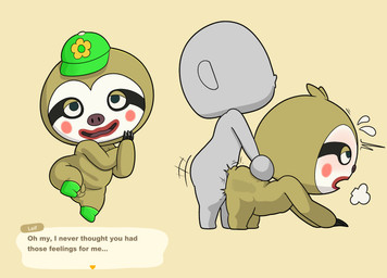 all_fours anal anthro anthro_penetrated bald balls biped blush brown_body brown_fur butt clothing dialogue doggystyle duo footwear from_behind_position fur fur_tuft genitals green_clothing green_footwear green_hat green_headwear green_shoes grey_body hat head_tuft headgear headwear humanoid_on_anthro humanoid_penetrating humanoid_penetrating_anthro lips male male/male male_penetrated male_penetrating male_penetrating_anthro male_penetrating_male nude_anthro nude_humanoid nude_male open_mouth open_smile penetration penis red_lips sex shoes simple_background smile standing tan_background text tuft impstripe animal_crossing nintendo anon leif_(animal_crossing) humanoid mammal pilosan sloth xenarthran english_text hi_res