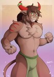 anthro bottomwear bovid bovine brown_body brown_fur brown_hair bulge clothing european_mythology facial_hair fur goatee greek_mythology green_eyes hair hi_res jewelry loincloth looking_at_viewer male mammal minotaur muscular muscular_male mythology simple_background solo spinal22 tail tattoo
