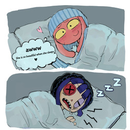 anthro bed_sheet bedding black_eyes blue_hair blush blush_lines bodily_fluids button_(fastener) clothed clothing doll dripping duo ears_down eyebrows female fur hair hat headgear headwear long_ears male nightcap pajamas pillow pink_body pink_ears pink_fur pivoted_ears rag_doll_(toy) red_tongue saliva saliva_drip sharp_teeth short_hair sleeping teeth text thought_bubble tongue yellow_sclera pankk0 glitch_productions the_amazing_digital_circus evil_jax_(tadc) evil_ragatha_(tadc) animate_inanimate lagomorph leporid living_doll living_toy mammal rabbit 1:1 comic english_text hi_res