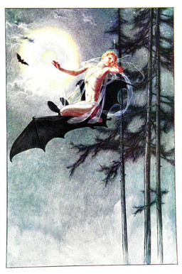 ambiguous_gender antennae_(anatomy) art_nouveau brown_hair cloud evergreen_tree feral flying group hair insect_wings light male membrane_(anatomy) membranous_wings moon moonlight night outside pale_skin plant sky tree trio wings paul_vincent_woodroffe mythology the_tempest william_shakespeare bat fairy humanoid mammal mythological_creature 1908 20th_century ancient_art hi_res traditional_media_(artwork)