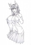 anthro big_breasts breasts clitoris clothed clothing female genitals huge_breasts inner_ear_fluff nipple_outline open_clothing open_mouth open_shirt open_skirt open_topwear pussy school_uniform shirt smile solo standing tongue topwear tuft undressing uniform wide_hips autumm_airwave felid mammal graphite_(artwork) traditional_media_(artwork)