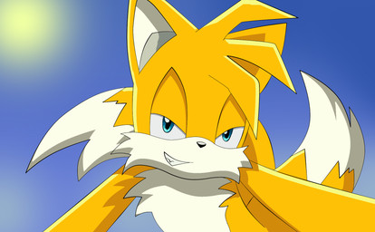 anthro blue_eyes fur grin half-closed_eyes light looking_at_viewer male multi_tail narrowed_eyes outside sky smile solo sun sunlight tail teeth yellow_body yellow_fur medowsweet sega sonic_the_hedgehog_(series) miles_prower canid canine fox mammal 2009 hi_res shaded