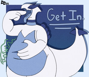 ambiguous_gender anthro belly_grab blue_mouth blue_tongue dialogue gesture hand_gesture overweight pointing pointing_at_self solo tail tongue vore_invitation vore_request white_body december_dreams nintendo pokemon generation_2_pokemon legendary_pokemon lugia pokemon_(species) hi_res