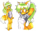 2016 5_fingers anthro blush canid canine clothing crop_top english_text fingers fox fur green_eyes green_hair hair inner_ear_fluff kemono long_hair male mammal midriff navel one-piece_swimsuit open_mouth orange_body orange_fur oyatsu shirt simple_background snout solo standing swimwear text topwear traditional_media_(artwork) tuft white_background young