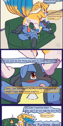anthro bodily_fluids embarrassed female female_on_top feral furniture genital_fluids male male/female markings on_top peeing sofa text urine watersports hangyakuneko nintendo pokemon canid canine generation_1_pokemon generation_4_pokemon lucario mammal ninetales pokemon_(species) absurd_res comic english_text hi_res
