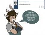 2015 anthro biped brown_hair clothed clothing crossed_arms deer dialogue english_text eyes_closed hair male mammal mason_hamrell simple_background skidd solo standing text tumblr uberquest user_avatar white_background