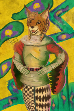 5_fingers anthro armor belt biped black_eyes black_text eyebrows eyelashes fingers hair male open_mouth open_smile sharp_teeth smile solo standing teeth text tongue white_sclera leprzil felid feline lynx mammal 2026 2:3 artist_name english_text hi_res