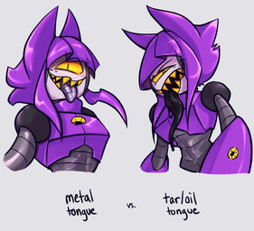 1_eye black_tongue duo female grey_background long_tongue machine sharp_teeth simple_background teeth tongue yellow_teeth awoooooga gameoverse glitch_productions malice_(gameoverse) mammal robot robot_anthro half-length_portrait portrait