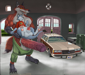 anthro balls big_balls big_penis car clothed clothing duo erection foreskin garage genitals huge_balls huge_penis humanoid_genitalia hyper hyper_balls hyper_genitalia hyper_penis male male/male muscular muscular_male orange_sclera overalls partially_clothed pawpads penis size_difference station_wagon tail tail_tuft tuft vehicle vein veiny_penis ahundred ford alex_the_rubikang canid canine fox kangaroo macropod mammal marsupial red_fox rubikang true_fox absurd_res hi_res