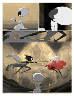 ambiguous_gender ambiguous_humanoid anthro biped black_body black_eyes black_hair cape cloak clothing detailed_background empty_eyes eyes_closed female female_anthro female_humanoid fight flashback grey_body hair holding_mask holding_melee_weapon holding_object holding_sword holding_weapon hornet's_needle mask melee_weapon mouthless red_cloak red_clothing solo sword torn_clothing weapon wearing_mask white_body white_eyes darkdog hollow_knight:_silksong hollow_knight_(franchise) team_cherry hornet_(hollow_knight) lace_(hollow_knight:_silksong) phantom_(hollow_knight:_silksong) arthropod humanoid 2025 absurd_res comic digital_drawing_(artwork) digital_media_(artwork) hi_res