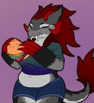 anthro belly big_belly bottomwear breasts burger chewing claws clothing crumbs_on_face eating eyes_closed fangs featureless_breasts female fluffy fluffy_tail food food_in_mouth fur grey_body grey_fur hair happy holding_food holding_object horn hotpants muffin_top multicolored_body multicolored_fur navel overweight overweight_female red_claws red_hair sabertooth_(anatomy) sandwich_(food) shirt shorts slightly_chubby tail tail_tuft teeth thick_thighs topwear tuft white_belly anonymous_artist wickerbeast hi_res