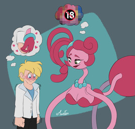 4_fingers abstract_background age_restriction all_fours big_breasts blonde_hair blue_eyes blush blushing_profusely bodily_fluids breasts cleavage clothed clothing coat duo eyelashes eyeshadow female fingers gem glistening_eyelids green_eyes hair hand_holding jewelry lab_coat light-skinned_male light_body light_skin lipstick long_arms long_eyelashes long_hair makeup male mature_female mature_humanoid motion_lines necklace not_furry pearl_(gem) pearl_necklace pink_body pink_hair pink_skin ponytail red_lipstick side_boob small_waist stretchy sweat sweatdrop text thought_bubble topwear mandyfoxy mob_entertainment poppy_playtime mommy_long_legs animate_inanimate human humanoid living_toy mammal 2026 artist_name digital_drawing_(artwork) digital_media_(artwork) hi_res watermark