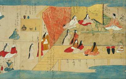 ambiguous_gender anthro asian_clothing biped bottomwear bowl clothed clothed_anthro clothed_human clothing container curtains detailed_background east_asian_clothing eboshi female group hair hakama headgear headwear japanese_clothing kettle kimono large_group long_hair male obi obijime print_clothing sitting standing text vase whiskers unknown_artist human mammal mouse murid murine rodent 16th_century absurd_res ancient_art hi_res japanese_text painting_(artwork) traditional_media_(artwork) traditional_painting_(artwork)