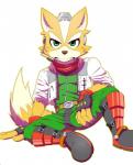 5_fingers anthro armor belt boots canid canine cel_shading clothed clothing dipstick_tail electronics fingerless_gloves fingers footwear fox fox_mccloud front_view fully_clothed fur garakutea gloves greaves green_eyes handwear headgear headphones headset hi_res jacket kemono looking_at_viewer male mammal markings multicolored_tail nintendo orange_body orange_fur outline rolled_up_sleeves shaded simple_background solo star_fox tail tail_markings topwear white_background white_body white_fur white_tail_tip zipper