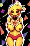 anthro bib black_sclera breasts clothing eyebrows eyelashes female hand_on_breast holding_breast looking_at_viewer machine nipples open_mouth pink_nipples sharp_teeth solo teeth teeth_showing text tongue tongue_out touching_self toy underwear white_eyes yellow_body yellow_breasts yellow_face yellow_hands yellow_text samsti five_nights_at_freddy's five_nights_at_freddy's_2 scottgames toy_chica_(fnaf) animatronic robot 2021 english_text hi_res signature