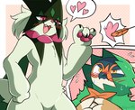 ambiguous_gender anthro beak biped blush brown_body cute_fangs duo fangs fur green_body green_fur heart_symbol open_mouth open_smile pawpads pink_body pink_eyes pupils red_eyes smile speech_bubble standing tan_body teeth thatsquirrelly nintendo pokemon decidueye generation_7_pokemon generation_9_pokemon meowscarada pokemon_(species) hi_res