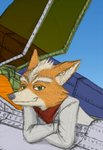 anthro arwing cheek_tuft clothing eyebrows facial_tuft fur green_eyes hair half-closed_eyes head_tuft inner_ear_fluff jacket kerchief looking_at_viewer male multicolored_hair narrowed_eyes orange_body orange_fur smile smirk solo spacecraft tan_body tan_fur topwear tuft vehicle matydraws_(artist) nintendo star_fox fox_mccloud canid canine fox mammal 2020 hi_res