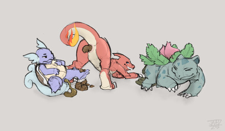 ambiguous_gender ambiguous_pooping animal_genitalia anthro anus ass_up blue_body claws cloaca eyes_closed feces feces_on_body feces_on_feet feces_on_ground feces_pile feet feral fire flaming_tail genitals green_body group looking_back narrowed_eyes open_mouth plant pooping pooping_on_floor pooping_together raised_tail red_body scatplay shell simple_background tail tan_body text trio jadeder nintendo pokemon charmeleon generation_1_pokemon ivysaur pokemon_(species) wartortle 2026 artist_name dated hi_res