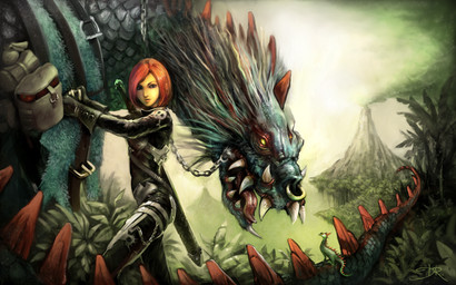 ambiguous_gender armor baldric blue_body blue_scales cat_costume chain clothing costume detailed_background facial_piercing female feral fern gloves glowing glowing_eyes grey_body grey_scales group hair handwear melee_weapon mount mountain nature nose_piercing nose_ring open_mouth outside piercing red_hair ring_piercing scales septum_piercing size_difference smoke spikes sword tongue tongue_out weapon yellow_eyes david_revoy cc-by-sa creative_commons mythology dragon human mammal monster mythological_creature mythological_scalie scalie hi_res