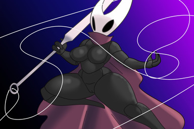 3_fingers anthro bent_leg black_body breasts cape clothing exoskeleton featureless_breasts female fingers genitals holding_object holding_weapon melee_weapon pointed_feet simple_background solo sword thick_thighs void_eyes vulva weapon whitestellar hollow_knight_(franchise) team_cherry hornet_(hollow_knight) arthropod insect