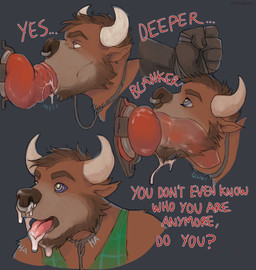 animal_dildo animal_sex_toy anthro beard bodily_fluids brown_hair canine_dildo clothing collar deep_throat deepthroat_training dialogue dildo duo facial_hair facial_piercing hair hypnosis leash leashed_collar male mind_control nose_piercing nose_ring open_mouth oral oral_penetration pattern_clothing pattern_shirt pattern_topwear penetration piercing plaid plaid_clothing plaid_shirt plaid_topwear ring_piercing ringed_eyes saliva saliva_on_face sex_toy shirt simple_background solo_focus submissive submissive_male text tongue tongue_out topwear nastyspook gnomen_(gnomenclature) bovid bovine cattle mammal 2017 english_text hi_res trans_(lore) trans_man_(lore)