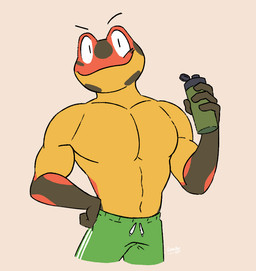 abs anthro big_muscles black_body bottle bottomwear closed_smile clothed clothing container eyebrows featureless_chest front_view green_bottomwear green_clothing green_shorts grey_background hand_on_hip happy holding_bottle holding_container holding_object looking_at_viewer male markings mouth_closed multicolored_body muscular muscular_anthro muscular_male navel pecs red_body shorts simple_background smile solo spots spotted_body topless yellow_body cosmicboy02 animal_crossing nintendo drift_(animal_crossing) amphibian frog 2022 dated digital_media_(artwork) portrait three-quarter_portrait