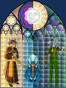 angry anthro bald belt black_clothing black_footwear black_robe black_shirt black_shoes black_topwear blue_clothing blue_footwear blue_high_heels blue_robe bottomwear brown_hair brown_nose button_(fastener) christian_cross christian_symbol clothing collared_shirt cross cross_necklace crown crown_of_thorns crucifix detailed_background eyewear fangs female fingers floppy_ears footwear fur glasses gothic_architecture green_bottomwear green_clothing green_pants green_topwear green_vest grey_body grey_fur grey_hair grey_horn grey_lips group hair headgear headwear high_heels hooved_fingers hooves horn jewelry leaf leash leash_pull lips long_hair looking_aside looking_at_another looking_down lop_ears male moon necklace necktie pants philtrum plant prayer prayer_hands praying praying_hands religion religious_clothing religious_gesture religious_headwear religious_motif religious_neckwear religious_symbol religious_themes robe scut_tail shadow shirt shoes short_tail stained_glass stained_glass_window sun symbol tail teeth teeth_showing thorns topwear trio vest vines wearing_glasses whisker_spots yellow_belt yellow_necktie schreckengast christianity bovid canid canine canis caprine goat hybrid mammal wolf 2026 absurd_res alpha_channel digital_drawing_(artwork) digital_media_(artwork) digital_painting_(artwork) hi_res huge_filesize painting_(artwork) shaded