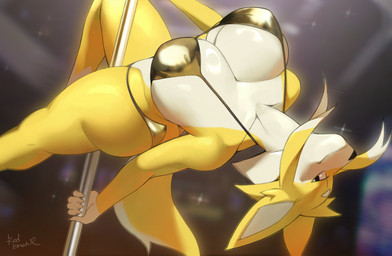 5_fingers anthro biped bra breasts claws clothed clothed_anthro clothed_female clothing countershade_torso countershading dancing female finger_claws fingers fur inside looking_at_viewer panties pole pole_dancing smile solo tail underwear underwear_only yellow_body yellow_fur yellow_tail redlemon canid canine fox mammal 2025 digital_drawing_(artwork) digital_media_(artwork) hi_res