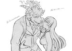 anthro butler clothing cupping_chin duo female horn male suit chirinuruwoo lifewonders tokyo_afterschool_summoners female_protagonist_(tas) mephistopheles_(tas) protagonist_(tas) bovid caprine goat human mammal hi_res monochrome