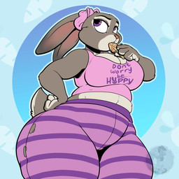 anthro belly black_eyebrows blue_background bottomwear breasts buckteeth clothing crop_top eyebrows eyelashes female food grey_body grey_ears grey_tail hand_on_hip hand_on_own_hip headgear headwear logo looking_up multicolored_body navel overweight pants pattern_bottomwear pattern_clothing pattern_pants pink_clothing pink_crop_top pink_headwear pink_inner_ear pink_nose pink_shirt pink_topwear popsicle popsicle_in_mouth purple_bottomwear purple_clothing purple_eyes purple_pants scut_tail shirt short_tail simple_background slightly_chubby slightly_chubby_anthro slightly_chubby_female solo striped_bottomwear striped_clothing stripes tail teeth text text_on_clothing thick_thighs three-quarter_view tight_clothing topwear torn_bottomwear torn_clothing torn_pants two_tone_body two_tone_tail white_body white_tail yoga_pants tuzzleton disney zootopia judy_hopps european_rabbit lagomorph leporid mammal oryctolagus rabbit 1:1 2025 artist_logo colored digital_media_(artwork) flat_colors hi_res portrait three-quarter_portrait watermark